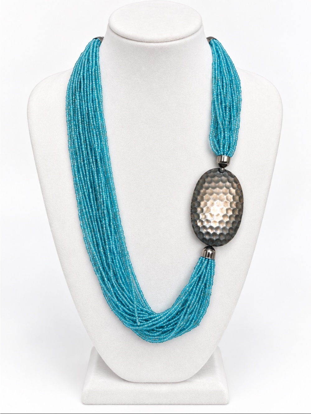 Turquoise Multi-Strand Beaded Statement Necklace Hammered Silver Accent